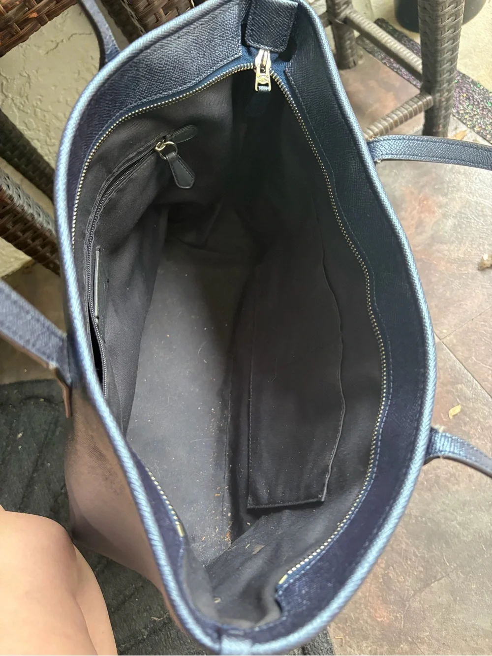 Coach navy blue/denim/metallic Leather Tote with silver logo Accent